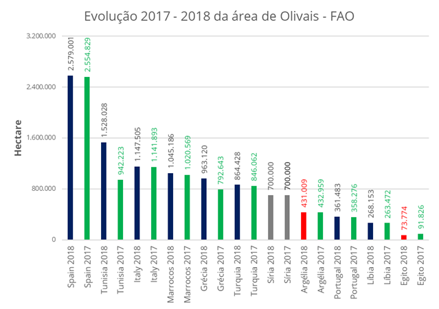 Evolução dos olivais dentre os países com grande produção