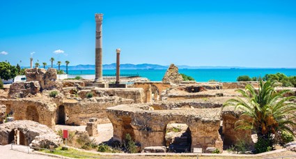 View of the ruins of Carthage at the edge of the Mediterranean Ocean