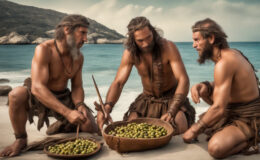 Prehistoric men at the archaeological site of Hishuley Carmel, salting olives