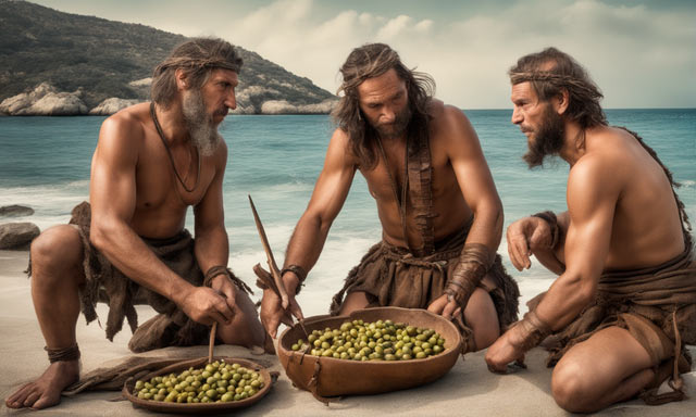 Prehistoric men at the archaeological site of Hishuley Carmel, salting olives
